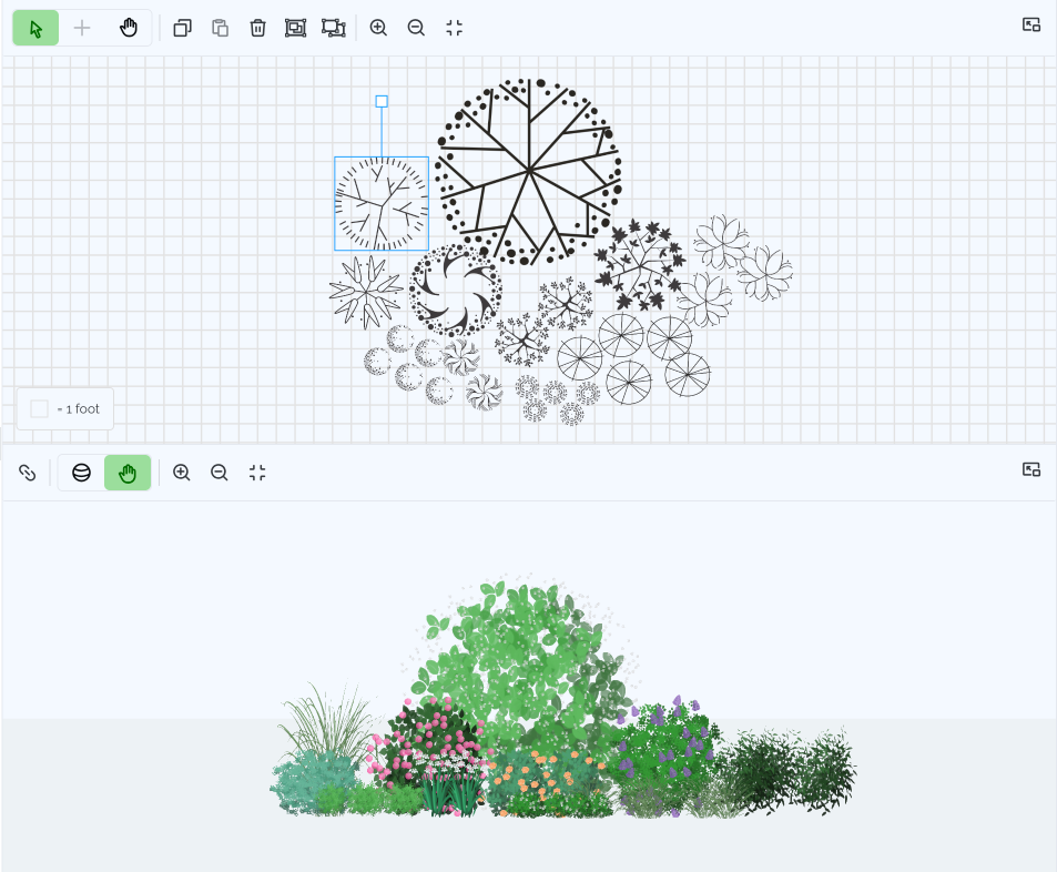 Garden Sketchbook interface showing 2D design canvas and 3D visualization