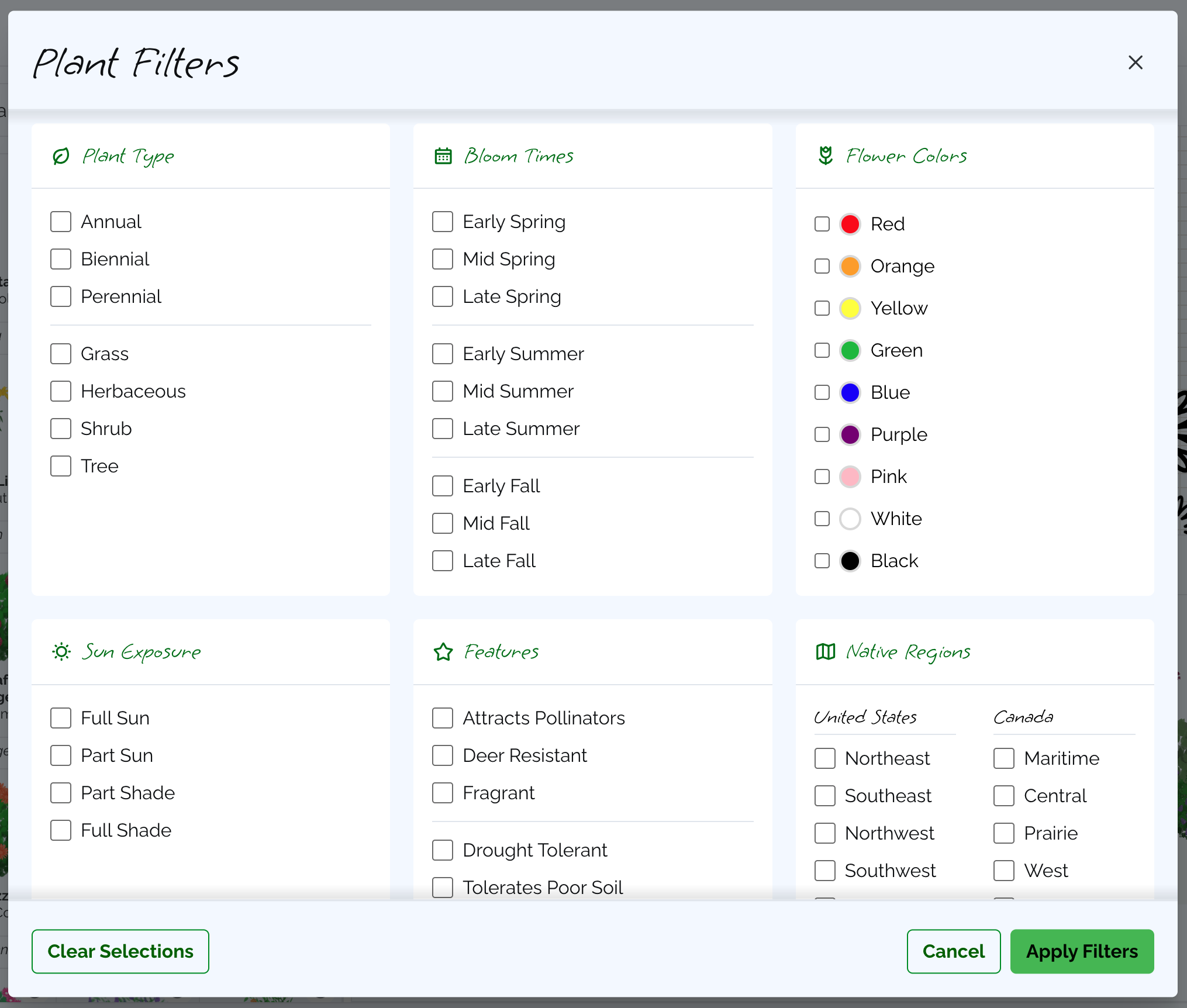 Plant search interface with filters for zone, sun, soil, and bloom time